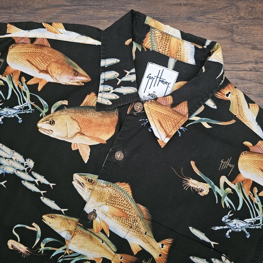 Aftco Guy Harvey Bluewater Shirt Mens Large Black Button Up Hawaiian Fishing